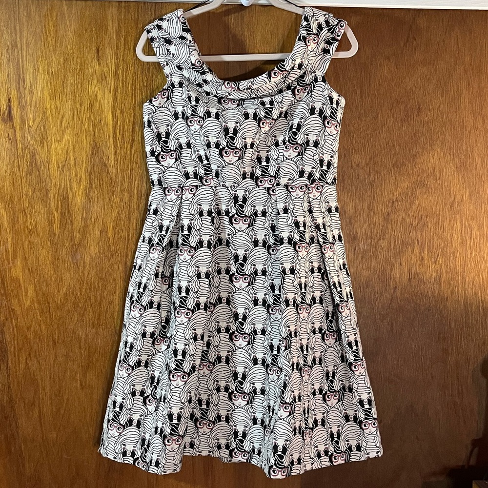 Black & White Faces Print Sleeveless off-the-shoulder Fit-and-Flare Dress